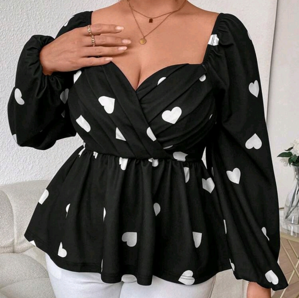 Plus Size Heart Print Ruched Sweetheart Neck Long Sleeve Peplum Top Blouse Shirt